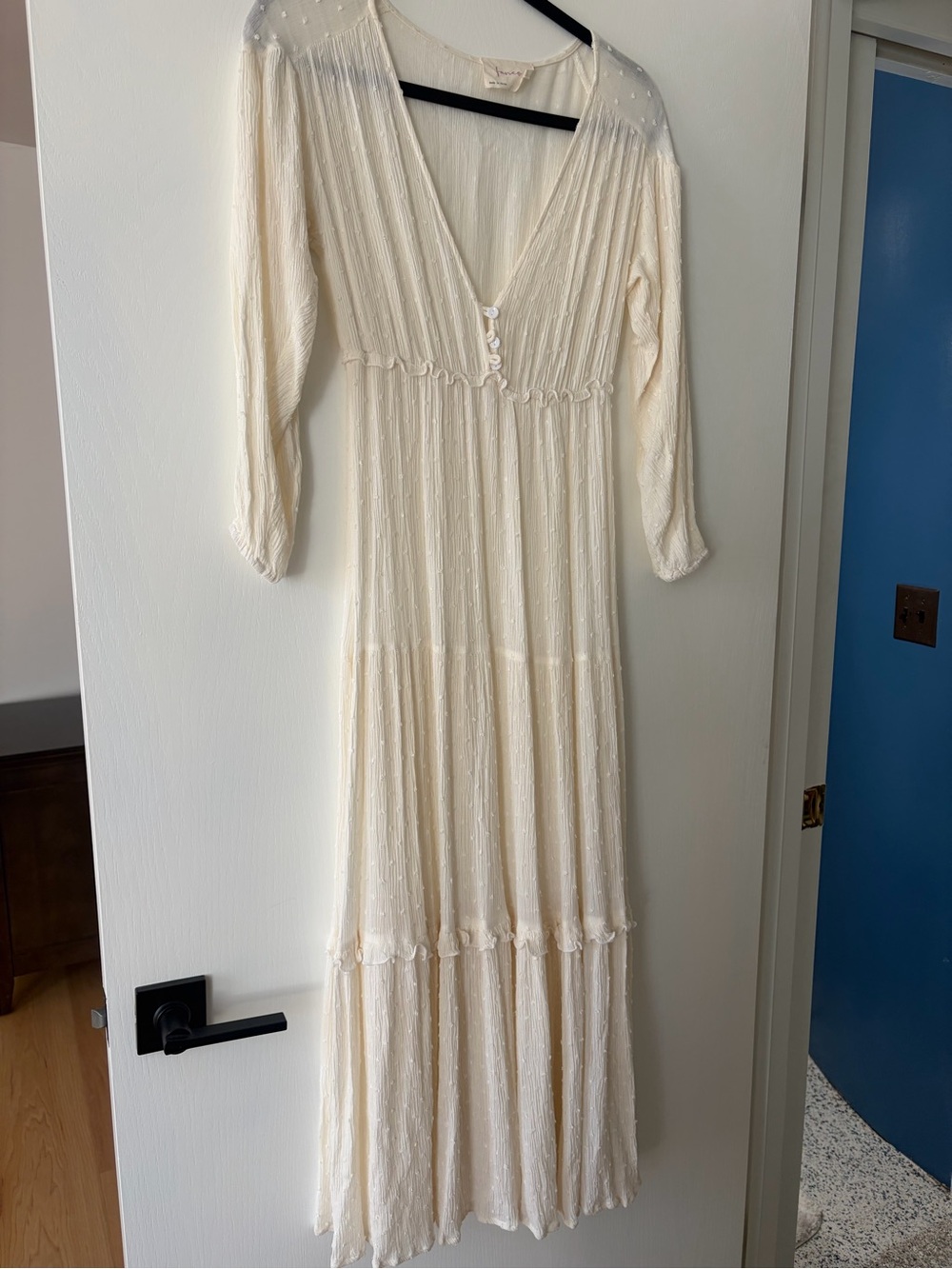 Boho, Cream Long-Sleeve Maxi Dress with Swiss Dot Texture